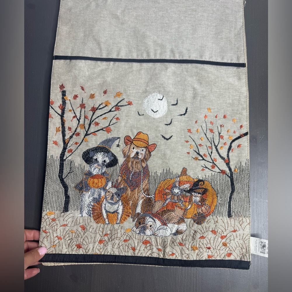 Pier 1 One Fall Halloween Embroidered Dogs & Cats In Costumes Table Runner